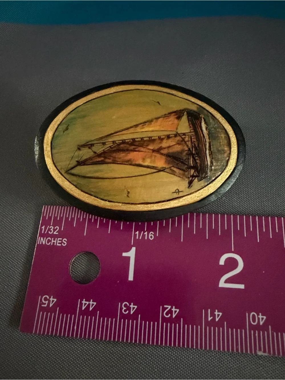 Hand-Painted Wooden Sailboat Brooch in Gold and Brown Tones